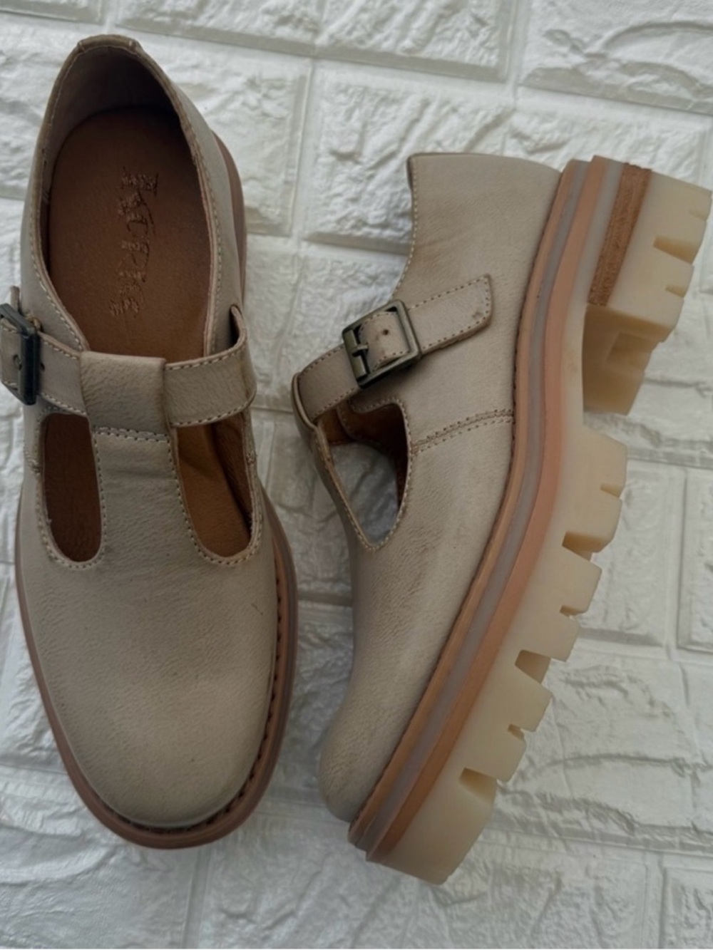 Kork-Ease Beige T-Strap Chunky Platform Mary Jane loafers